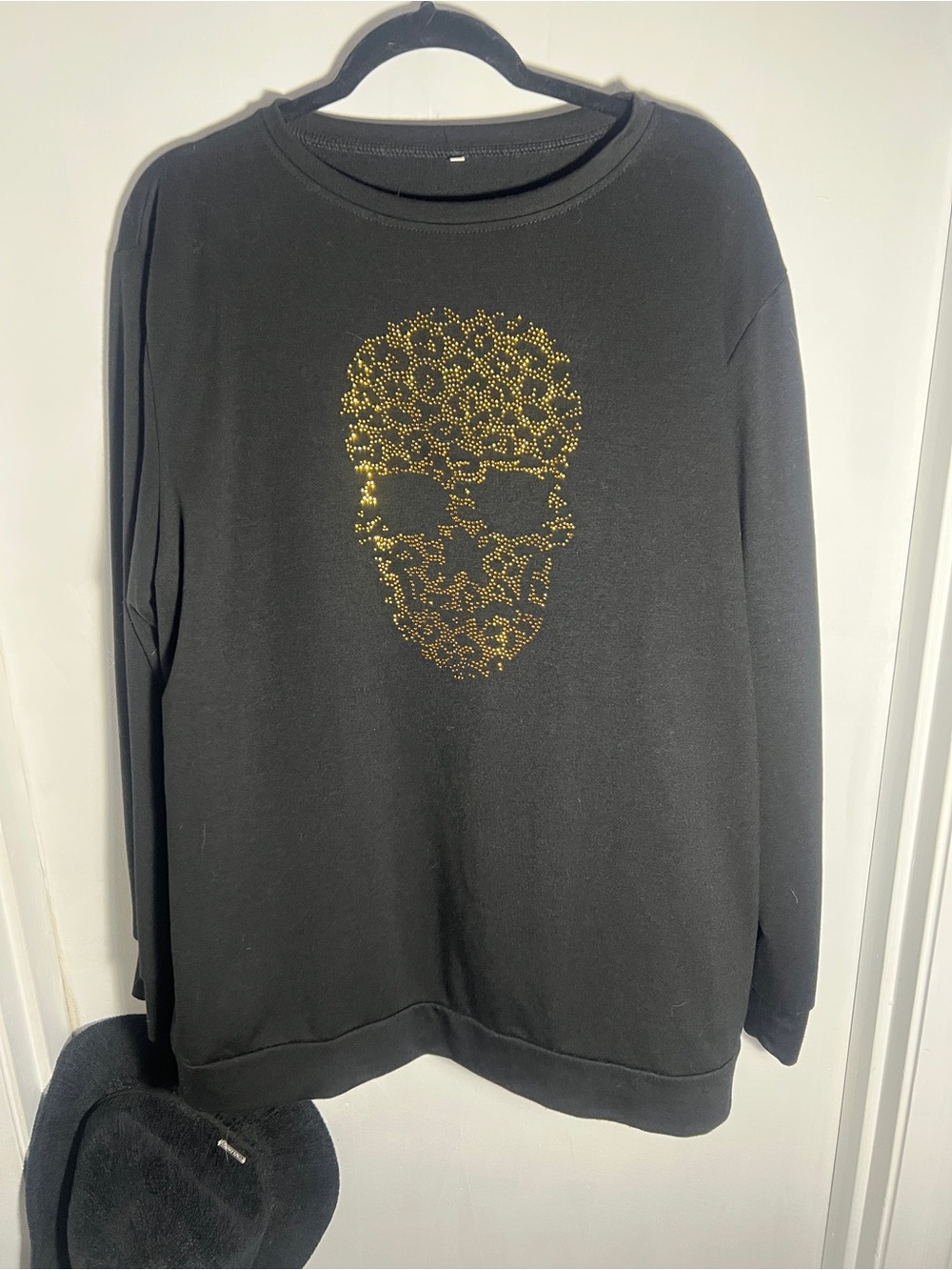 Handmade Black Sweatshirt with Gold Studded Skull Graphic